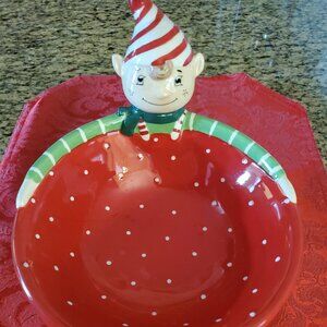Adorable Red Green & White Christmas Elf Ceramic Serving Bowl/Candy Dish